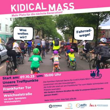 ADFC_xhain's tweet photo. Nach der Kidical Mass ist vor der Kidical Mass: Bei uns geht es Samstag 7.10. schon wieder los (egal ob mit oder ohne Kind): Abfahrt 15:00 ab Frankfurter Tor oder Weichselstraße / Spielplatz Weichselplatz (ab 14:30 Plakate malen). Ziel: Lausitzer Platz. @ostkreuzkiez @CCitiesOrg https://t.co/ZNdXGYwh1z