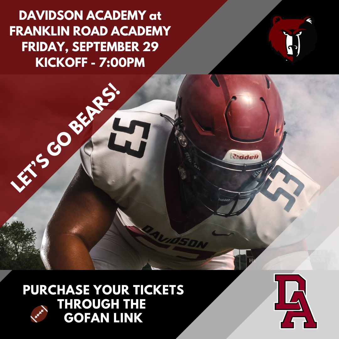 BearsDavidson's tweet photo. It will be a Friday night showdown tomorrow night at FRA! Cheer on your Bears at 7pm.
Get your tickets through the GoFan ticket link: 
https://t.co/bMEQw7PAKj
(FRA is a cashless venue, so you need to buy the tickets online).
#theDAway #DAfootball  @davidsonacademy @athletics_da https://t.co/982TTderv0