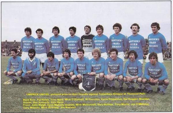 eireguide's tweet photo. Here's  the Limerick FC team who hosted Spurs in a friendly in August 1981.  Some big names in there, Eoin Hand, Colonel Sanders and Tony Ward are just three of them. 💙 #kfc https://t.co/VXWa2WbGpq