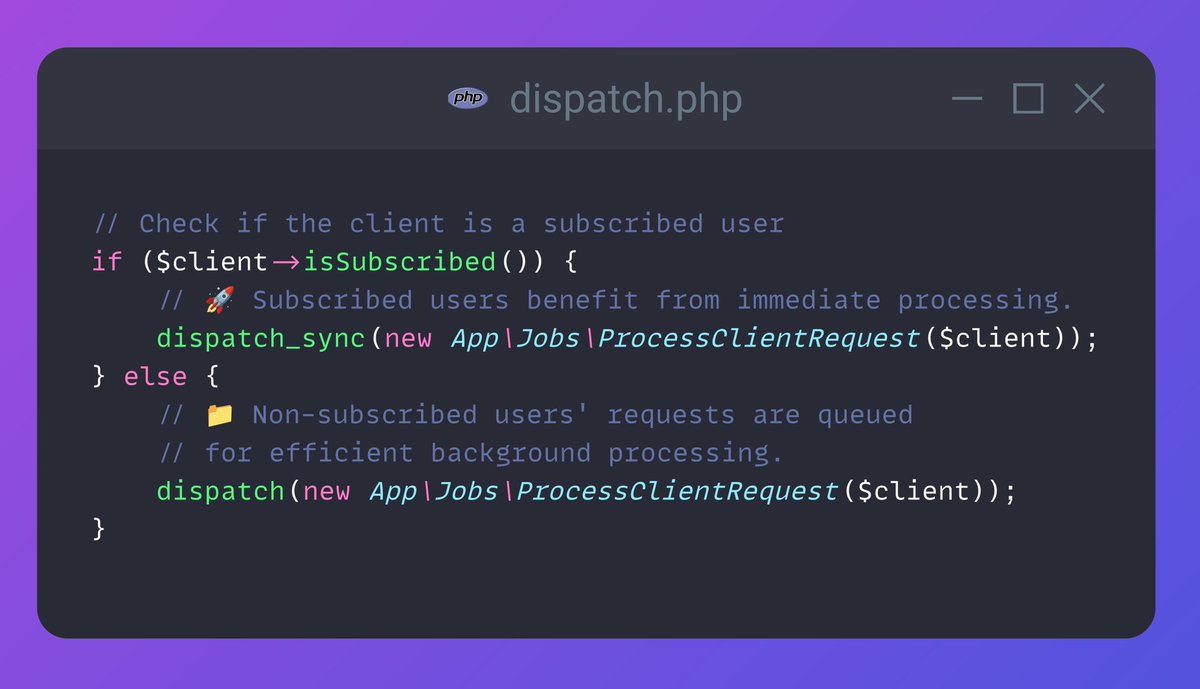 MrPunyapal's tweet image. 🚀 Supercharge your Laravel app! 🚀
✨ Use dispatch() for background tasks, ensuring smooth, asynchronous execution.
🚀 Need speed? Harness the power of dispatch_sync() for lightning-fast, immediate processing within your app.
Unlock peak performance today! 📈 #Laravel #php 💕