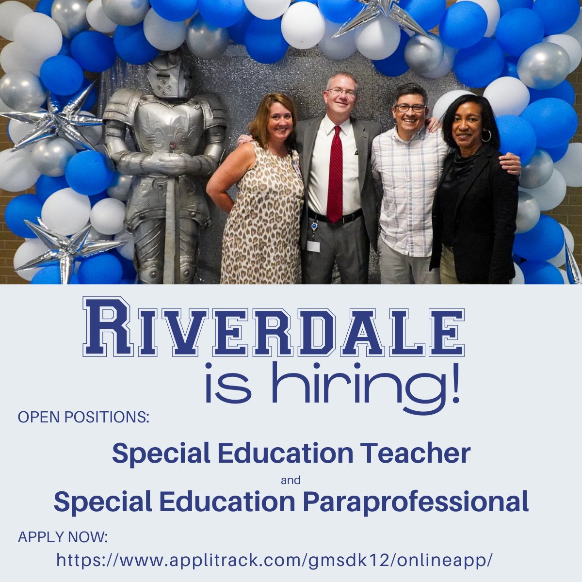 The <a href="/RivRaiders/">Riverdale Raiders</a> Admin wants you to know that they are growing their Special Education team. We are looking for a teacher and a paraprofessional to join us! Go to the link in our bio to apply.

#TeachGMSD
#engagetheraider