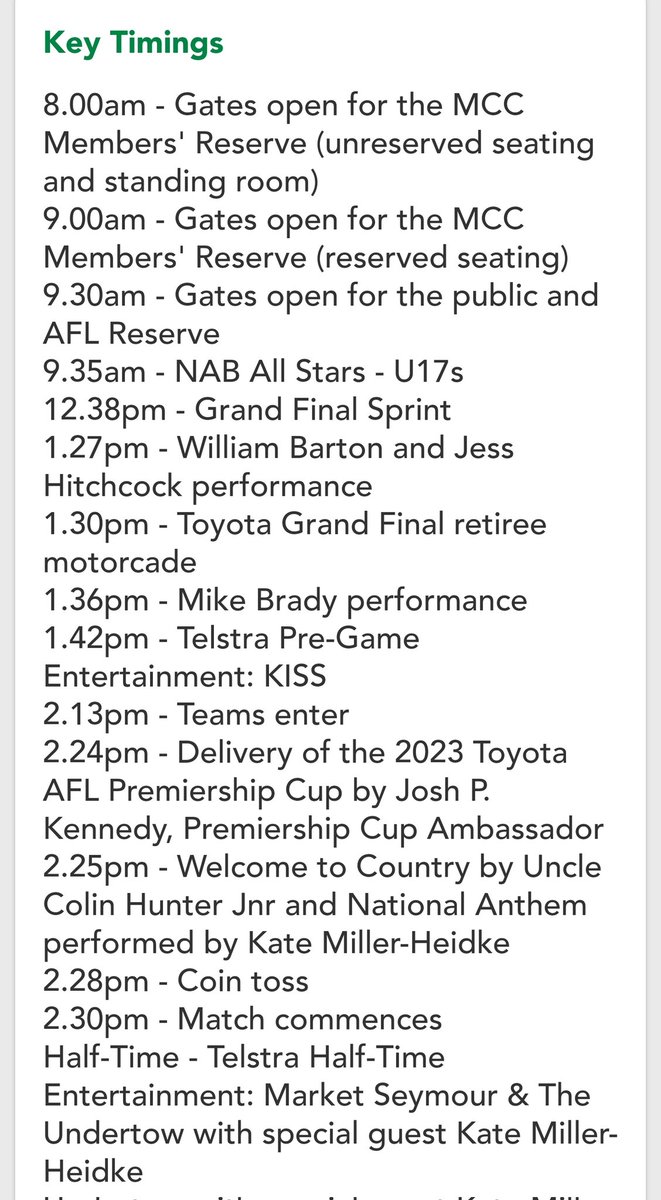 turtlemagpies's tweet photo. Updated 2023 AFL Grand Final day schedule 
(via MCG app)

#GoPies 🖤🤍 https://t.co/RHJIhFvZxh