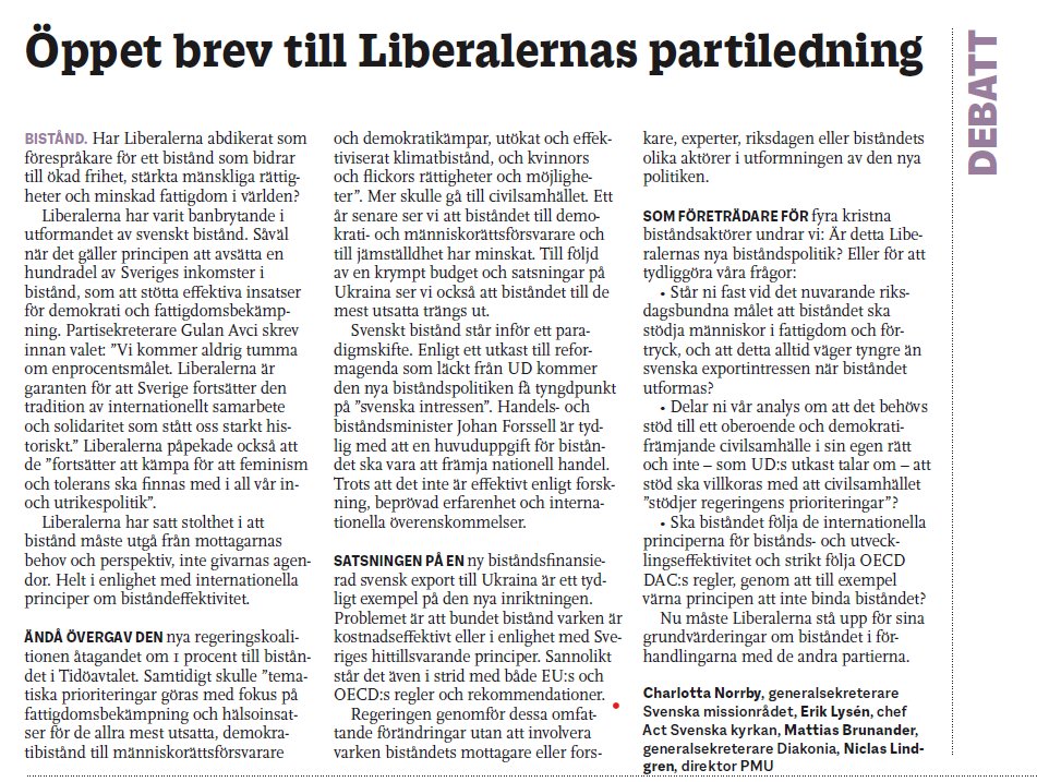 NU måste <a href="/liberalerna/">Liberalerna</a> stå upp för biståndet i förhandlingarna med de andra Tidöpartierna. Historiskt har ni har varit avgörande för 🇸🇪 #bistånd och ni behövs idag! 
<a href="/ErikLysen/">Erik Lysén</a> <a href="/LGMBrunander/">Mattias Brunander</a> <a href="/NorrbyC/">Charlotta Norrby</a> <a href="/LindgrenNiclas/">Niclas Lindgren</a> skriver i @TidningenNU <a href="/JoarForssell/">Joar Forssell</a> <a href="/GulanAvci/">Gulan Avci</a> <a href="/JohanPehrson/">Johan Pehrson</a>