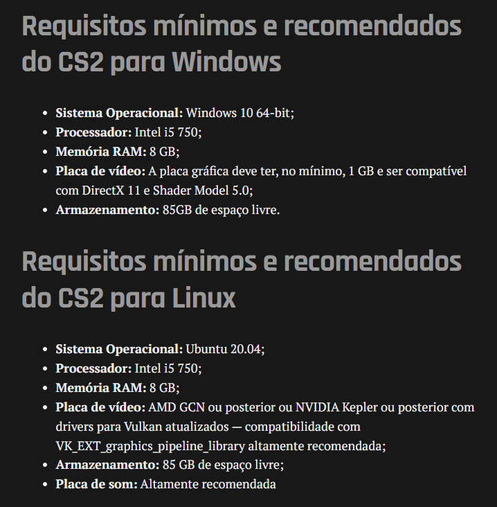 CS2: Requisitos mínimos e recomendados do jogo