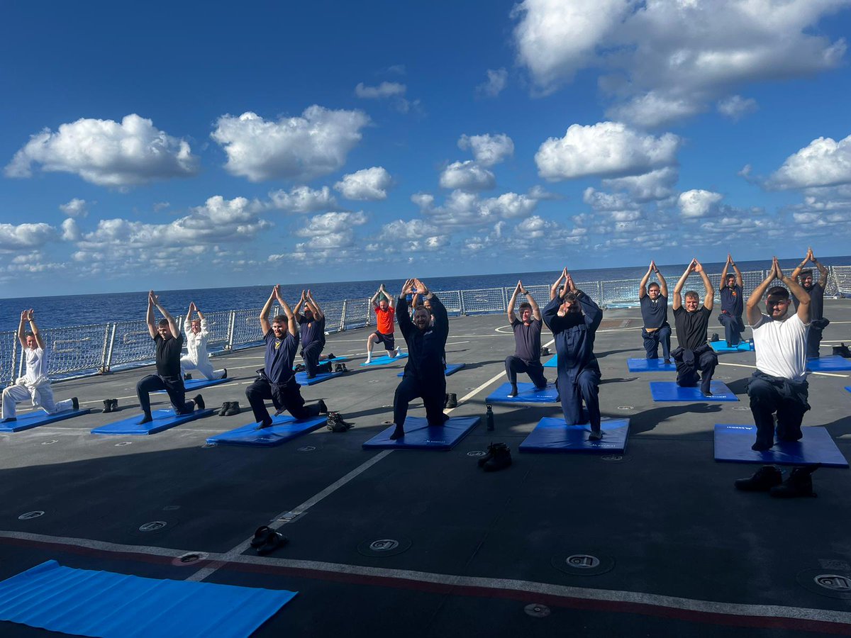 Our Marine Engineers 🔧 taking some time out to reset 😌 🧘‍♂️ Yoga 🧘‍♂️ in the Mediterranean Look at that sky 🌤 #Namaste #lastandbest