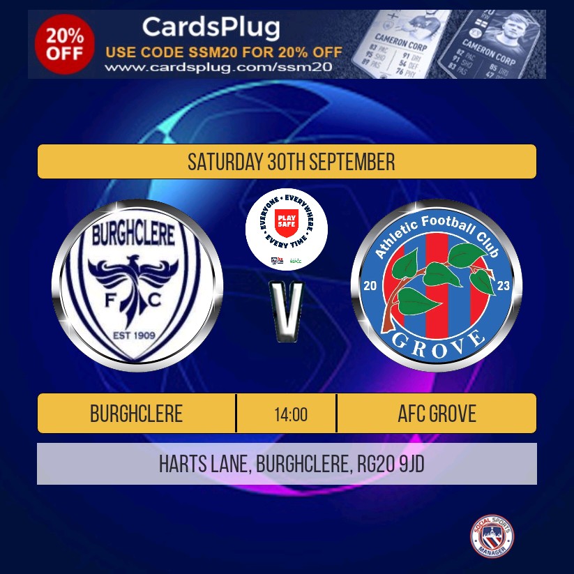 After a week away, we are back in league action against AFC Grove, both teams with no points so far.

Get down and support the lads,
Burghclere Sports Club, 2pm.

UP THE CLERE🔵⚪️