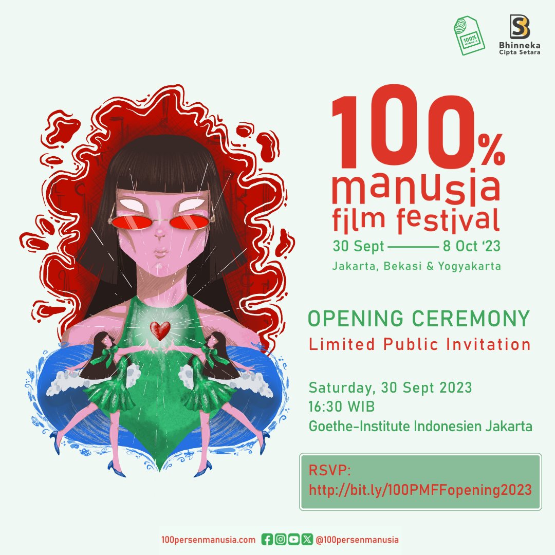 100prsenmanusia's tweet photo. YOU'RE INVITED! Register now to attend #100PMFF2023 Opening Ceremony🤩🎬
🗓️ Sat, 30 Sept 2023 at 16:30 WIB
📍 @GI_Indonesien
Opening film: 20,000 SPECIES OF BEES | 13+ | 125 min | 2023 | Drama | Spain
Limited for only 100 seats! RSVP now: https://t.co/HCjTM4nmK4 https://t.co/tUTxEHEHR1