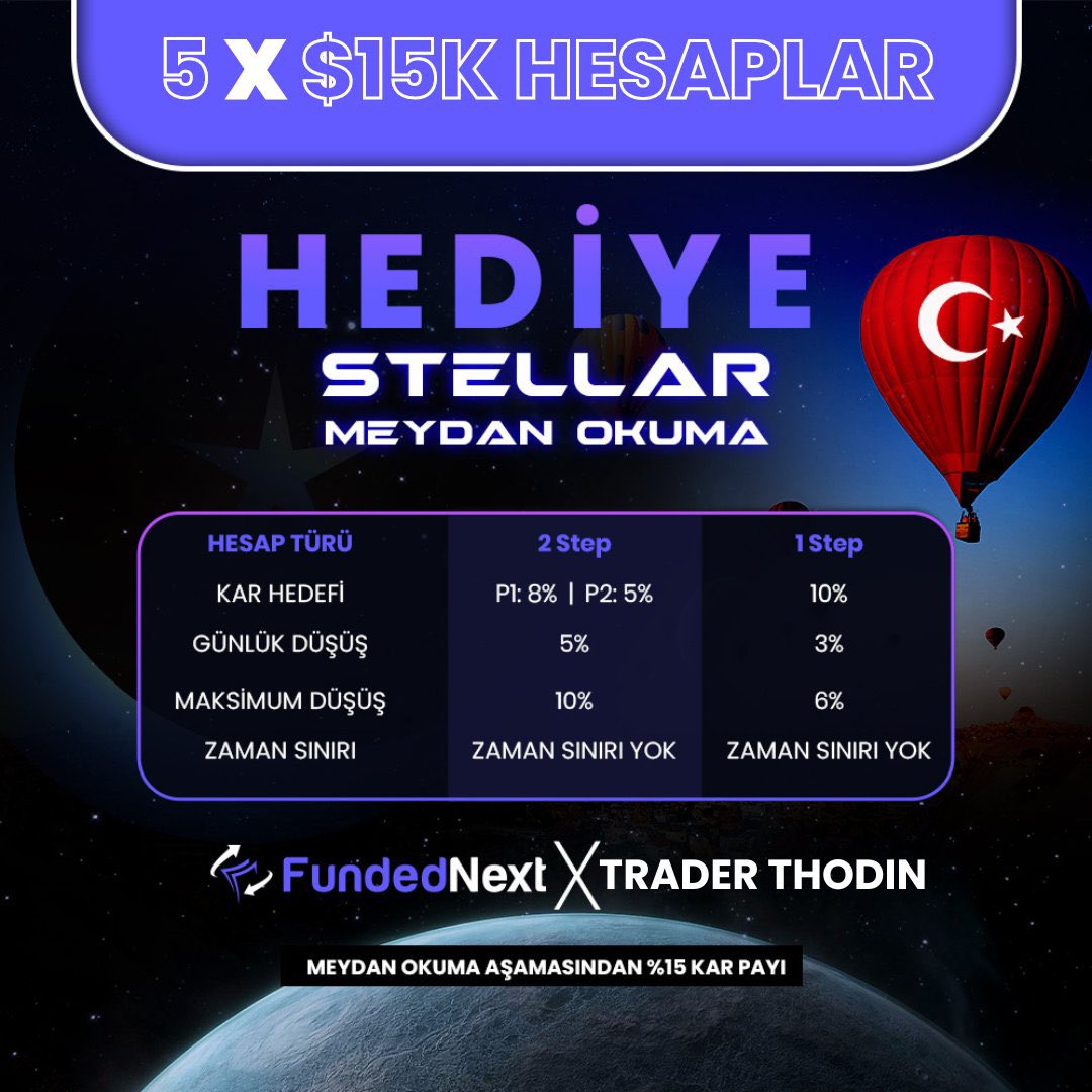 Selamlar, 5x $15k Stellar Account çekilişi yapalım. 🤝

Stellar Account’da bildiğiniz gibi süre sınırı yok ayrıca phase aşamalarından da kâr payı alıyorsunuz. 

Yapmanız gerekenler <a href="/FundedNext/">FundedNext</a>’i ve beni takip etmeniz, aşağıdaki linkten siteye üye olup SS atmanız.. (yabancı ve bot