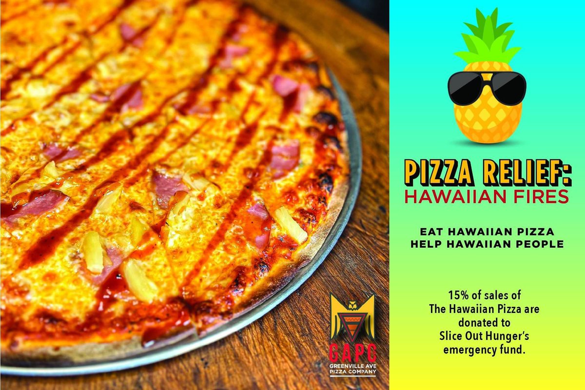 LiveByTheSlice's tweet photo. It is the last week of September! Which means it is the last week of @SliceOutHungerโs Pizza Relief: Hawaiian Wildfires. If you eat GAPCo today, be sure to grab a Hawaiian pie!
.
.
.
#SliceOutHunger #GAPCo #PizzaSlayer #Dallasfood #BestPizzaInDallas #SparksFly #GAPCoPeavy https://t.co/ncxk3QEpsF