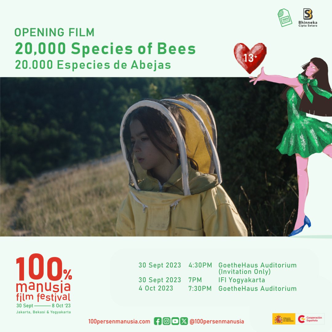 100prsenmanusia's tweet photo. YOU'RE INVITED! Register now to attend #100PMFF2023 Opening Ceremony🤩🎬
🗓️ Sat, 30 Sept 2023 at 16:30 WIB
📍 @GI_Indonesien
Opening film: 20,000 SPECIES OF BEES | 13+ | 125 min | 2023 | Drama | Spain
Limited for only 100 seats! RSVP now: https://t.co/HCjTM4nmK4 https://t.co/tUTxEHEHR1
