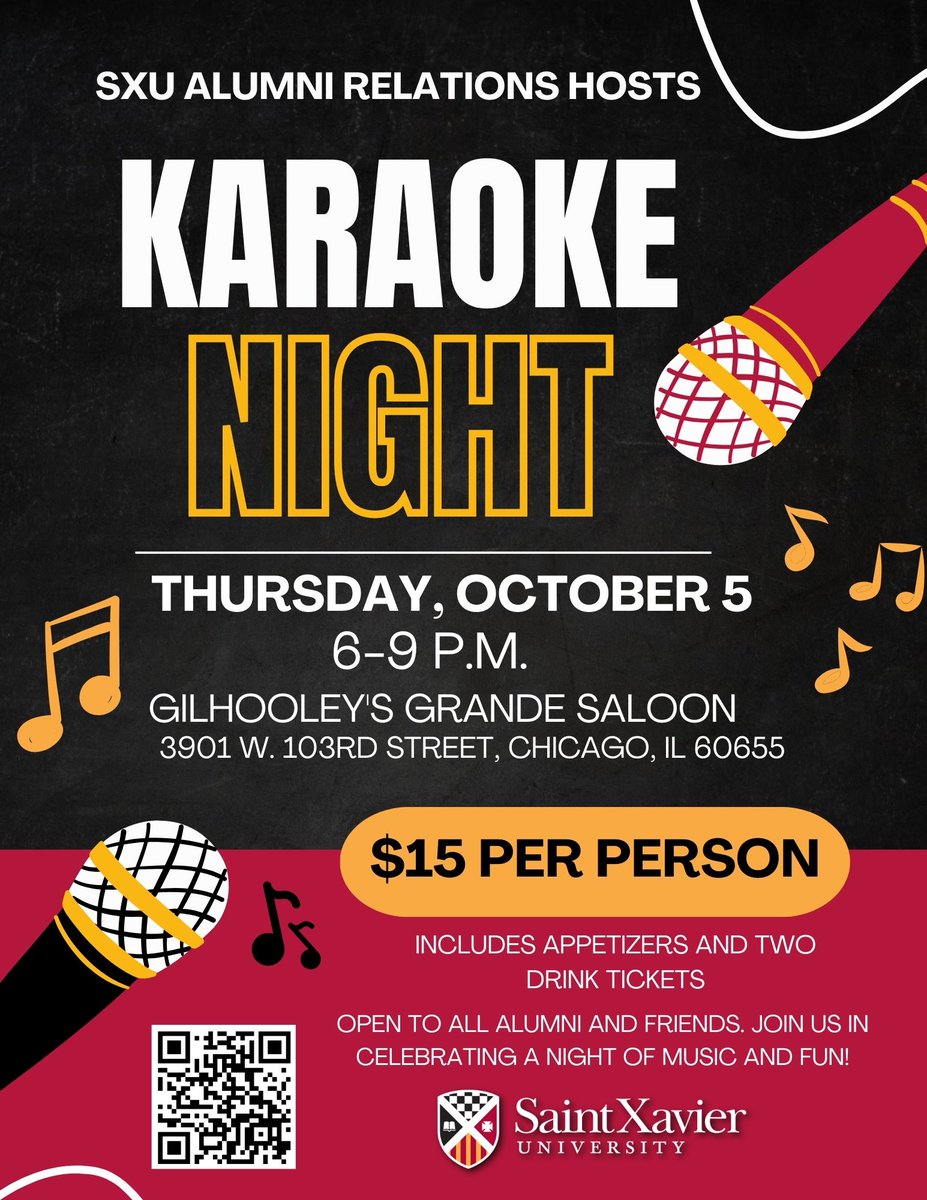 SXUAlumni's tweet photo. Next week we're hosting Karaoke Night at Gilhooley's! Scan the QR Code or register online! Note: admission is now $15! #SXUHomecoming #SXUKaraoke https://t.co/Ra8f6SJeGd