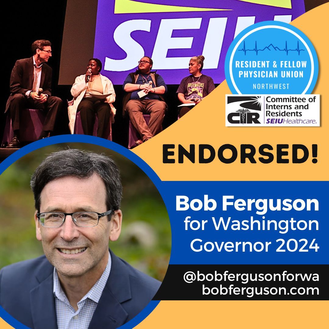 RFPU/CIR/SEIU is proud to stand with Attorney General Bob Ferguson in his 2024 campaign for Governor of Washington! 

Read more about why your Union is endorsing Bob and how he aligns with our pro-labor values on our Instagram or Facebook.

#IAmRFPU #UnionStrong