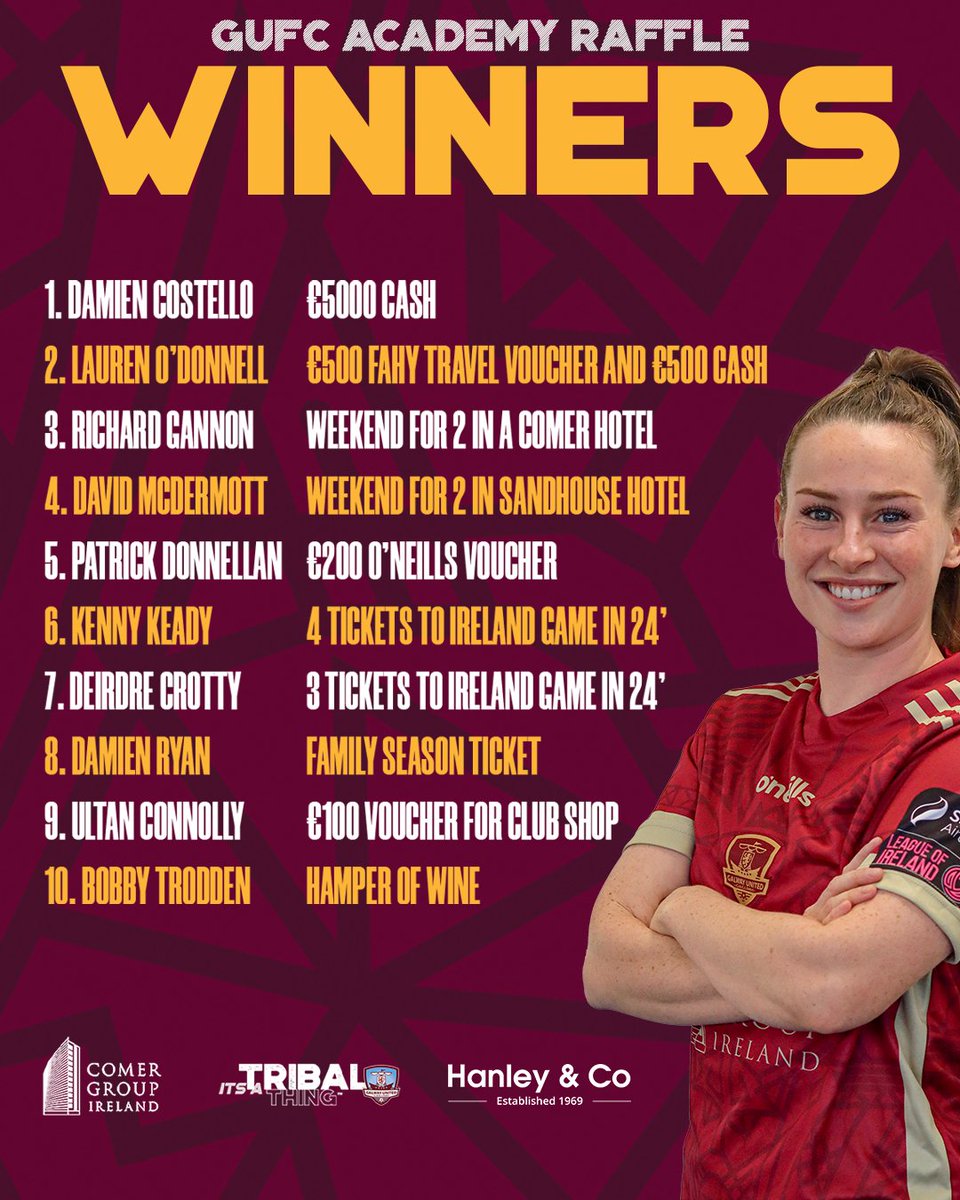 GalwayUnitedFC's tweet image. Congrats to all of our winners in the Raffle, especially Damien Costello who won €5,000! 🤯

Thanks to Hanley &amp;amp; Co. too for their support as title sponsors for the event!

#ItsATribalThing