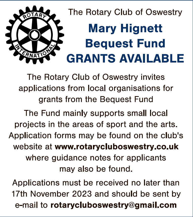 <a href="/RotaryOswestry/">RotaryClubofOswestry</a> invites applications for small #grants in the #sports or #arts fields in the local area.  Details plus examples of successful applications are given on the Club website bit.ly/MaryHignett.  Applications by email to rotarycluboswestry@gmail.com by November 17.