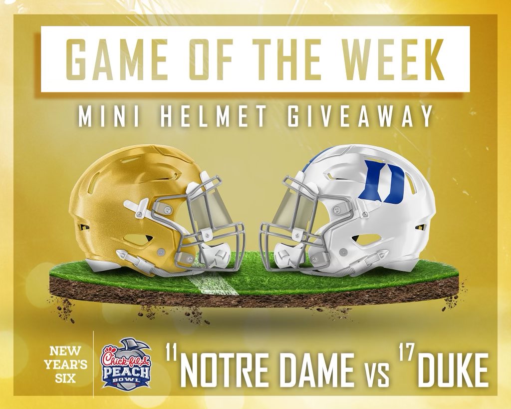 Chick-fil-A Peach Bowl (@cfapeachbowl) on Twitter photo No. 11 Notre Dame heads to Durham to take on undefeated No. 17 Duke ☘️👿
For a chance to win a <a href="/ndfootball/">Notre Dame Football</a> or <a href="/dukefootball/">Duke Football</a> mini helmet:
1️⃣ Follow us
2️⃣ Retweet
3️⃣ Reply with who you’re cheering for No. 11 Notre Dame heads to Durham to take on undefeated No. 17 Duke ☘️👿
For a chance to win a <a href="/ndfootball/">Notre Dame Football</a> or <a href="/dukefootball/">Duke Football</a> mini helmet:
1️⃣ Follow us
2️⃣ Retweet
3️⃣ Reply with who you’re cheering for