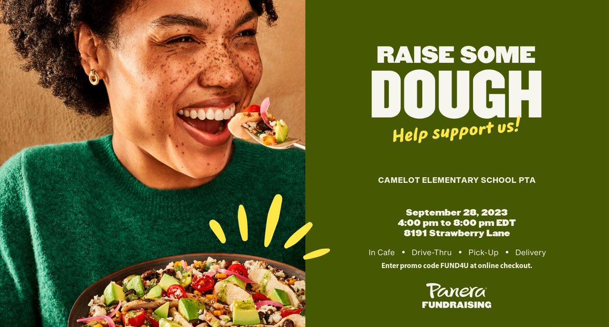 Support the PTA by eating at Panera tonight! <a href="/CamelotPTA/">Camelot PTA</a> <a href="/CamelotFCPS/">Camelot ES</a>