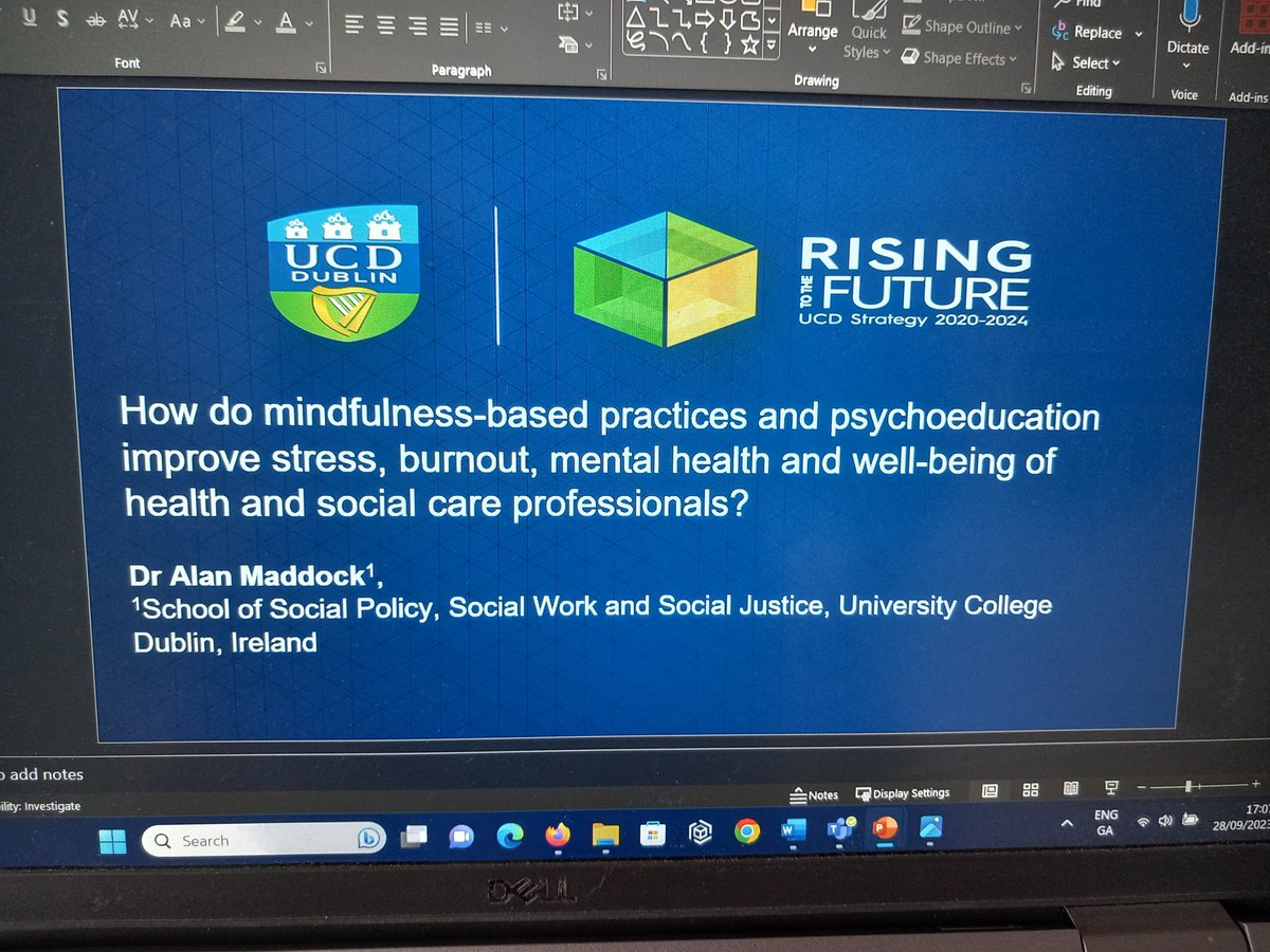 Really enjoyed presenting my research to @UCD_Hum_Inst on which mechanisms of #Mindfulness can help to improve stress, burnout, well-being, and symptoms of anxiety and depression, when mindfulness is supported by psychoeducation and applied reflective learning @UCDSocialPWJ