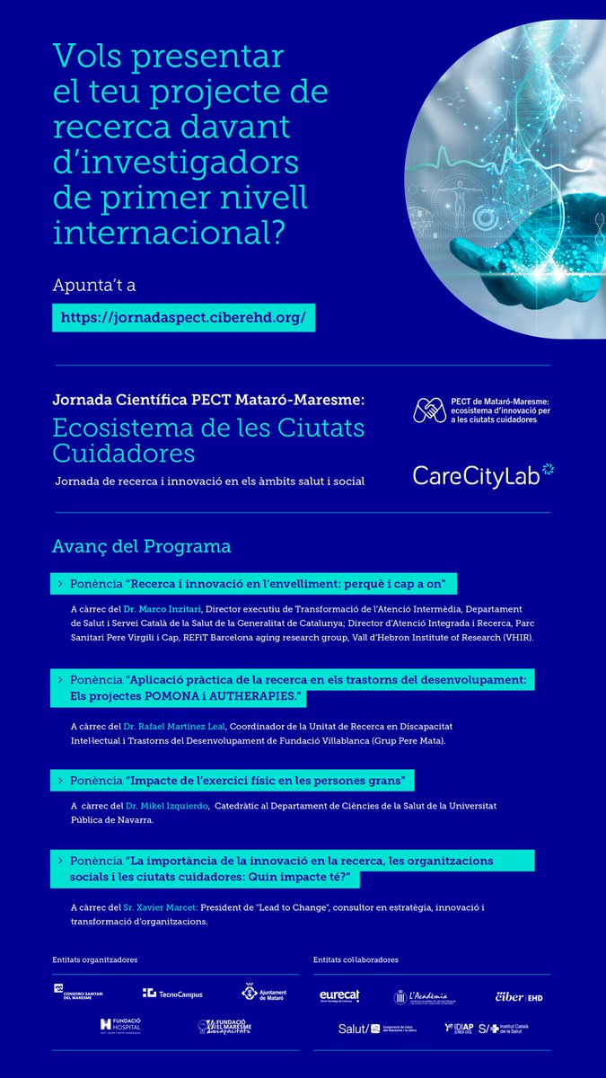 GIphysioLab's tweet photo. Encara no has enviat el teu abstract? No perdis l'oportunitat d'ensenyar la teva recerca a la Jornada Científica PECT Mataró-Maresme: Ecosistema de les Ciutats Cuidadores!
Tens temps fins l'1 d'octubre a les 23:59h https://t.co/yUmCBroNfJ https://t.co/KLE7V3wO9o