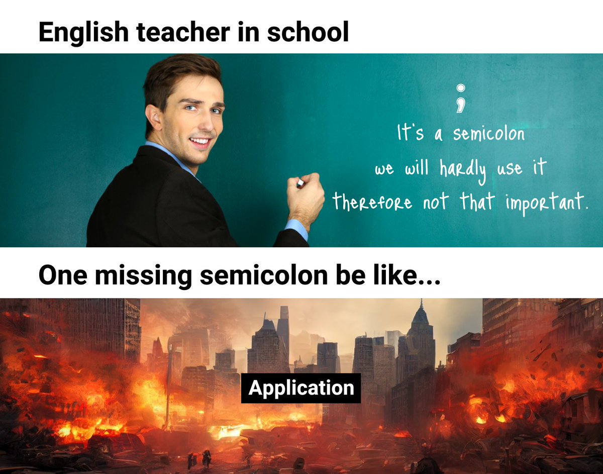 JoyfillHQ's tweet photo. There are semicolons, then there are semi-truck-size-destroyer-colons
#Memes #memesdaily #developers #programmershumor https://t.co/RcktVfkfh7