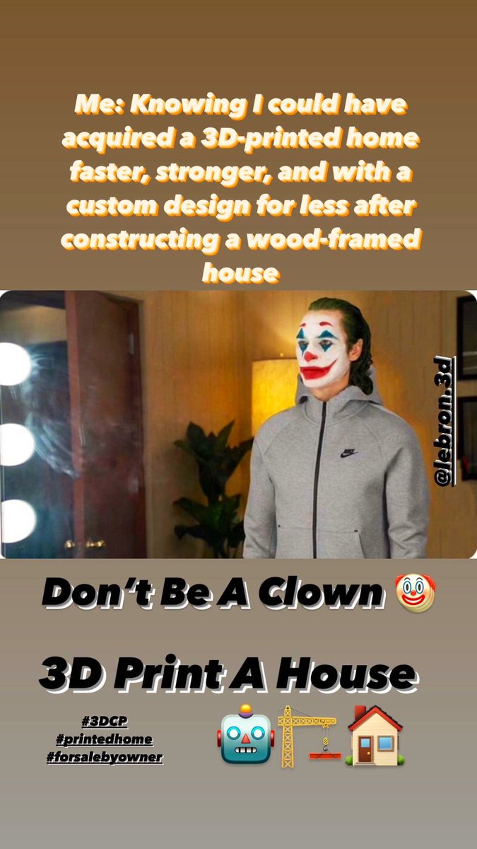BuildBotio's tweet photo. Me: after buying a wood framed home When I Realize I could have 3D Printed A Home 🏡 

Don’t be a clown 3D Print A House

#3dCP #lebron #printedhome #3DHome #constructioninnovation #building #forsalenyowner #automation #clown #newconstruction #developer https://t.co/yXGl2Hb3uJ