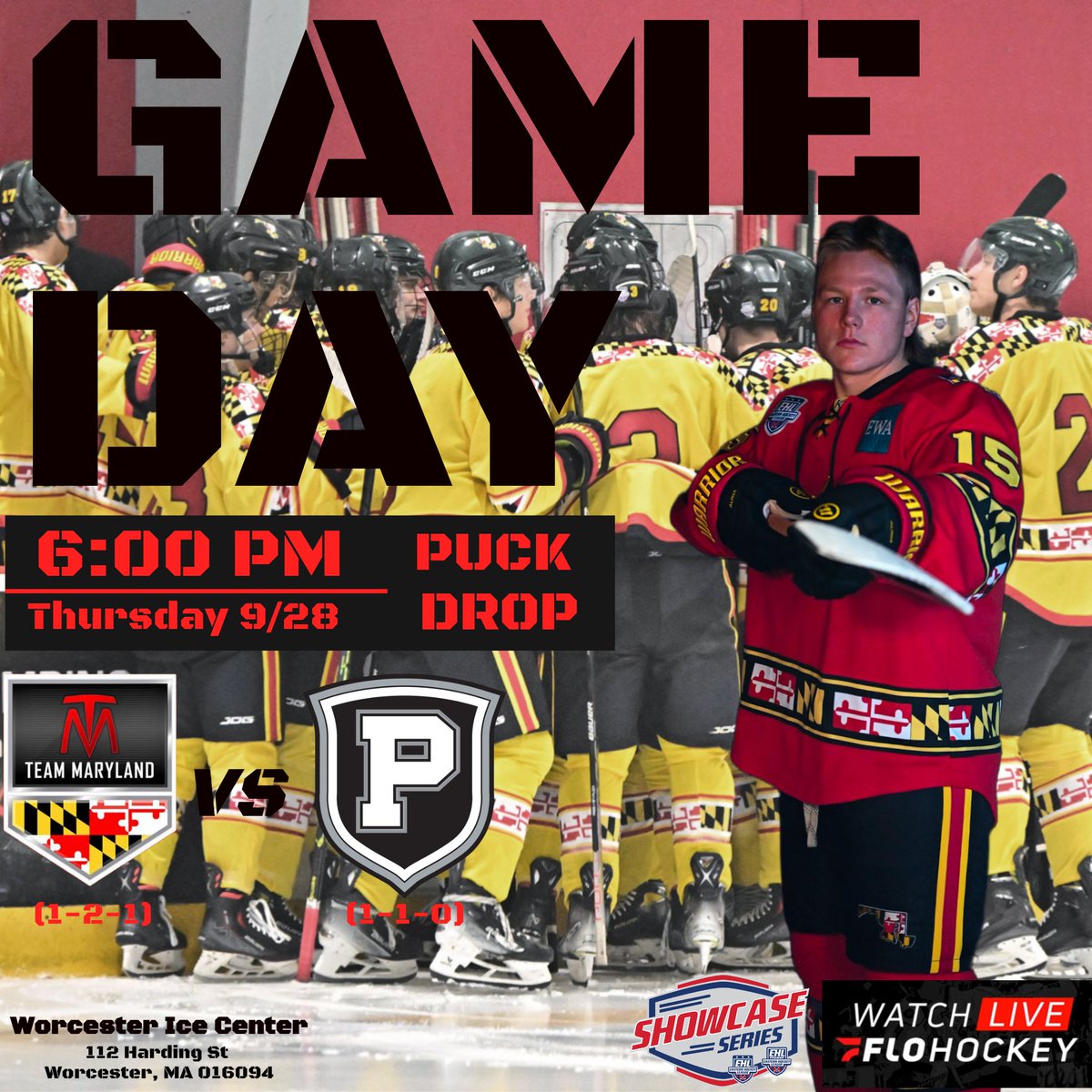 TeamMarylandEHL's tweet photo. Game Day! Your Team Maryland takes on Providence Hockey Club tonight in Game 1 of the Worcester Showcase! Catch all the action live on @FloHockey
#RollTM #MarylandPride #GameDay #EHL #ShowcaseSeries https://t.co/EAEtBM3d1g