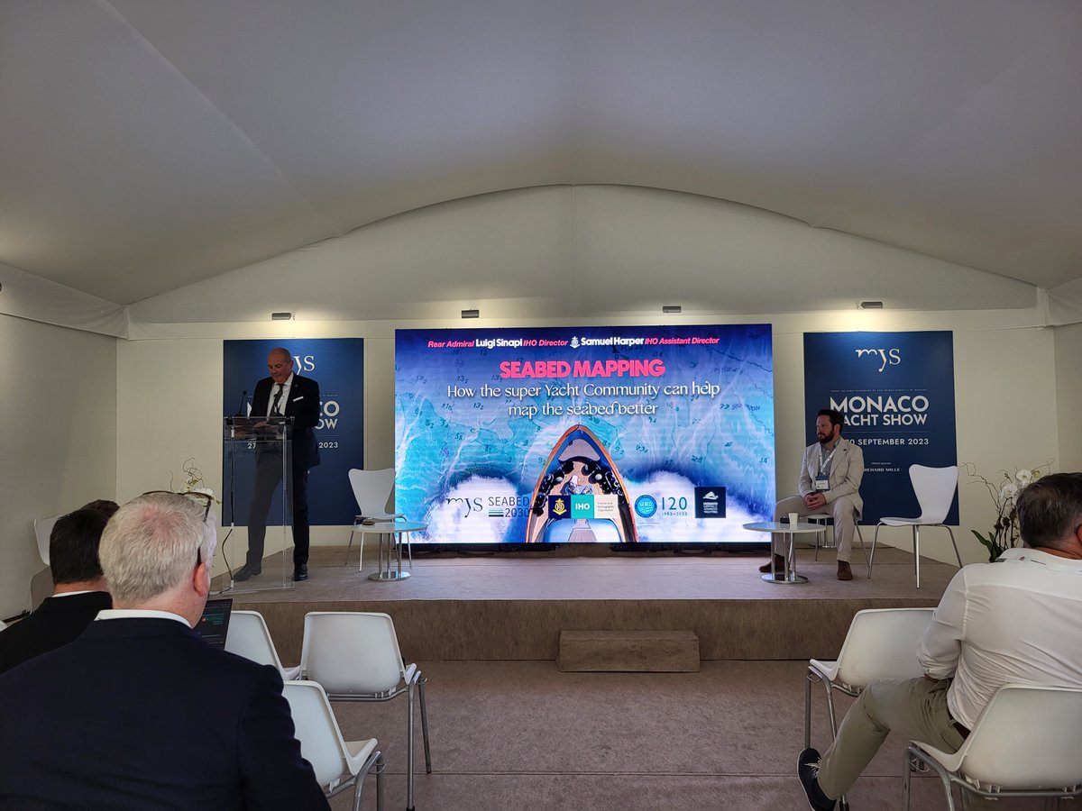 Yacht owners can help gather valuable #ocean  data.
The IHO was delighted to present the #Crowdsourced #Bathymetry initiative today at the #MonacoYachtShow. Luigi Sinapi &amp; Sam Harper discussed how the #superyacht community can help achieve the goals of #seabed2030 and #GEBCO.