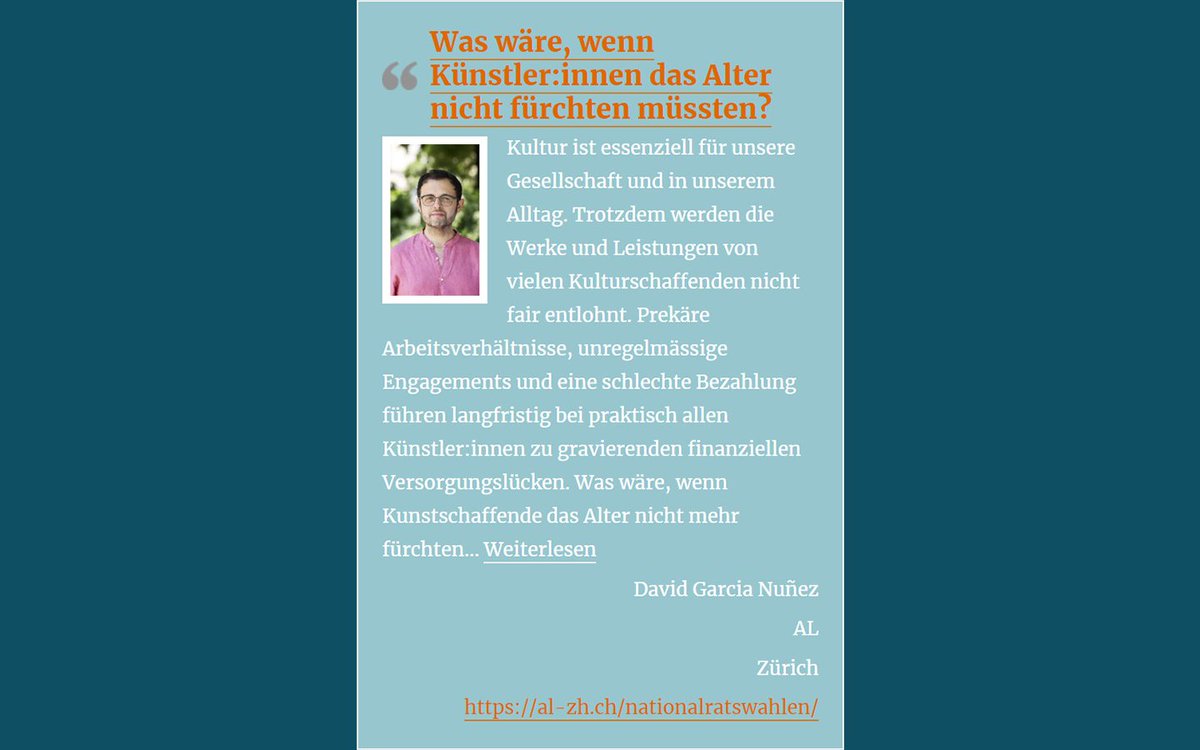 Pro_Kultur's tweet photo. Was wäre, wenn Künstler:innen das Alter nicht fürchten müssten?

David Garcia Nuñez | AL | Zürich 
https://t.co/HucNS01pNL

https://t.co/uZJ3b8xLUE

Weitere Statements unter https://t.co/6MwIxta9zG  

Facebook: 
https://t.co/6MwIxta9zG 

Instagram: 
https://t.co/M4UwHJOHOR https://t.co/vB8858IFdE