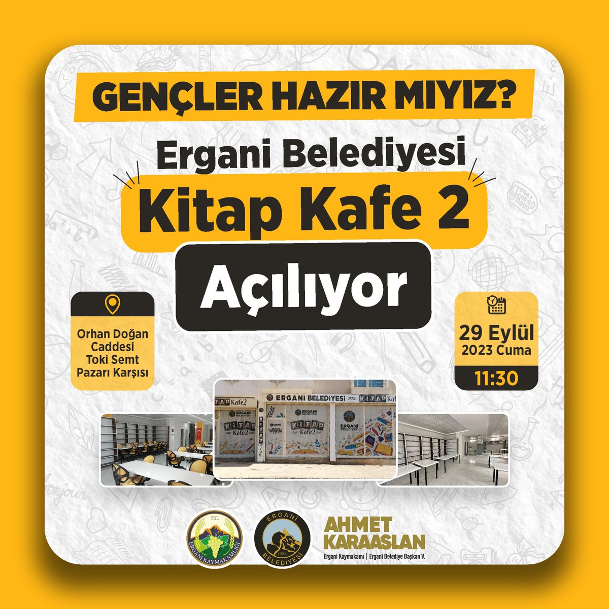 Gençler hazır mıyız?

Ergani Belediyesi “Kitap Kafe 2” Açılıyor…
📒✍️☕️📕📐💻🛜⬇️

🗓️29 Eylül 2023|Cuma 
⏰11:30 
📍Orhan Doğan Caddesi-Toki Semt Pazarı Karşısı 

📎Hepiniz davetlisiniz.
#Ergani #Diyarbakır 
@a_karaaslan69 
<a href="/erganikaymakam/">T.C. Ergani Kaymakamlığı</a> 
<a href="/aliihsansu_/">Ali İhsan Su</a> 
<a href="/dbakirvalilik/">T.C. Diyarbakır Valiliği</a>