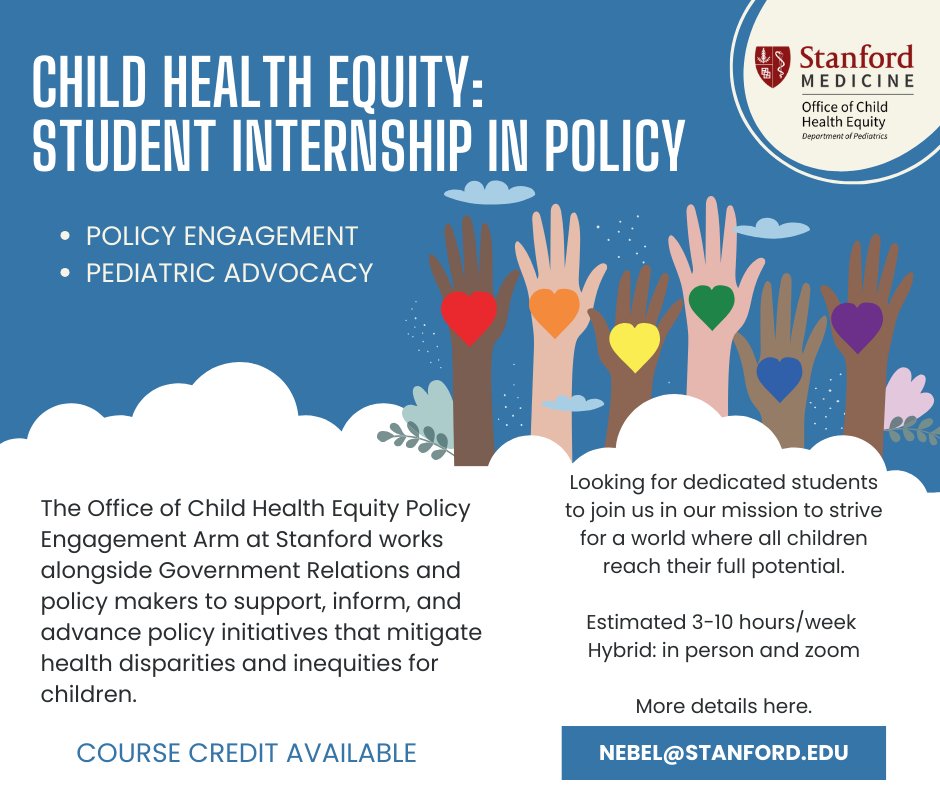 The @StanfordOCHE is seeking students (college or graduate level) to apply for our health equity and policy internship. Learn more at bit.ly/Stanfordpolicy… Please share broadly! @StanfordChild @StanfordODME