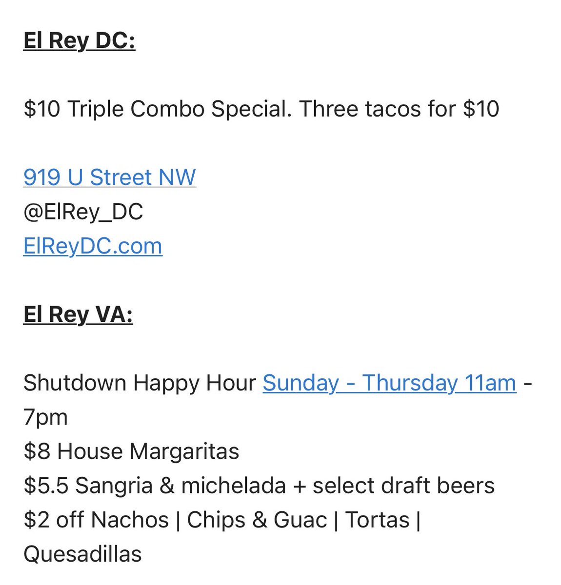 amanduhgomez's tweet photo. As the government shutdown looms closer, DC area bars and restaurants are already releasing deals for federal workers.

Here are a few that would start Sunday (and if you know of anymore, plz reply for a @DCist story): https://t.co/UMHZBzCIYZ