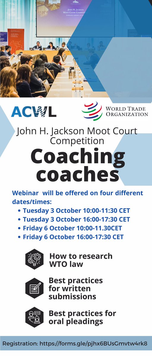 OKryvetska's tweet photo. The John H. Jackson Moot Court Competition’s 2023/24 edition is on! Next week, we are going to hold the coaching sessions for coaches from developing countries and LDCs who are brave enough to engage into this amazing journey. The registration is open (follow the link⬇️) https://t.co/TOyDhLQ7xo