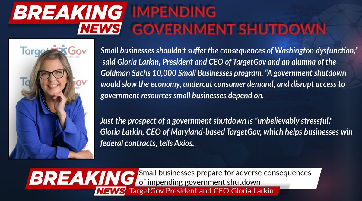 TargetGov's tweet photo. American small business owners strongly emphasize the need to prevent a government shutdown due to its potential impact on their businesses. They also express concerns about U.S. spending and national debt, according to a survey by Goldman Sachs 10,000 Small Businesses Voices. https://t.co/RPGe1f4PDK