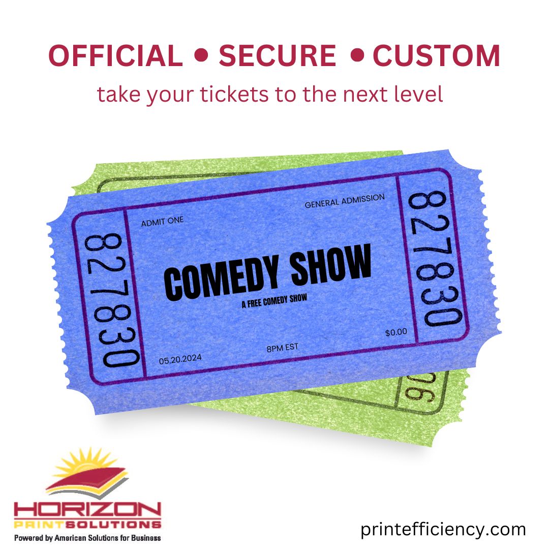 HorizonPrintSo1's tweet image. The next level of ticketed events is here. Beyond numbered tickets are custom features such as barcodes, security features, seating and access information, and show details. Get your event together with the pros at Horizon Print. printefficiency.com #HorizonPrintSolutions