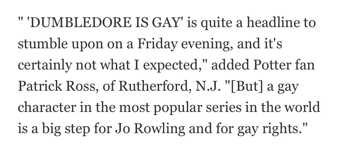 Patrick Ross (@thepatrickross) on Twitter photo thinking about the time in 2007 when I was inexplicably quoted in the Associated Press article about Albus Dumbledore being gay thinking about the time in 2007 when I was inexplicably quoted in the Associated Press article about Albus Dumbledore being gay