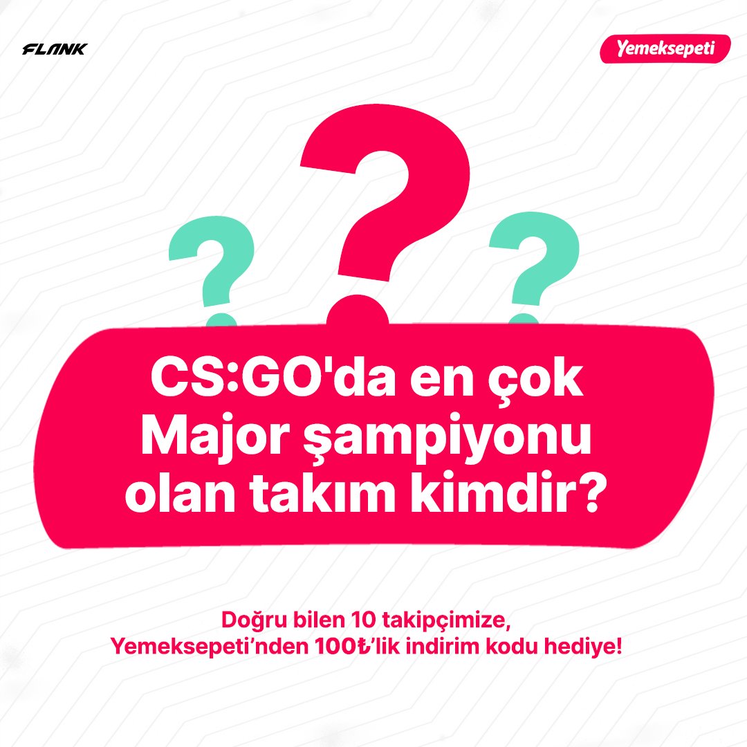FlankEsports's tweet photo. Soruya doğru cevabı veren 10 takipçimiz, @yemeksepeti’nden 100 TL’lik indirim kuponu kazanacak!

#işbirliği https://t.co/7KaA3M974M