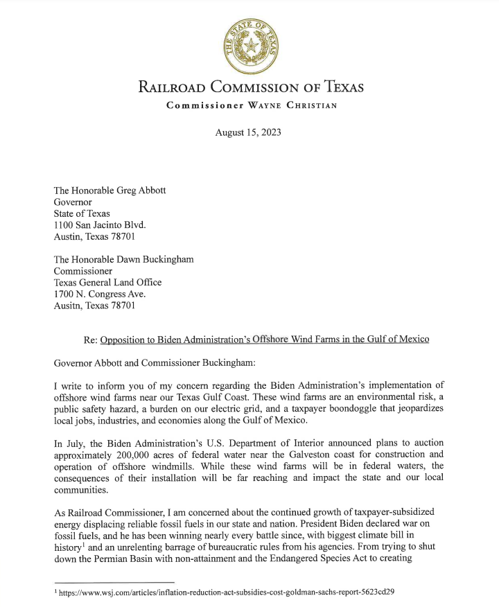 bradj_TX's tweet image. Inbox: @ChristianForTX letter to @GovAbbott, @DrBuckinghamTX asking both to use any authority available to block the offshore wind farm that is under development off the coast of Galveston. #txlege