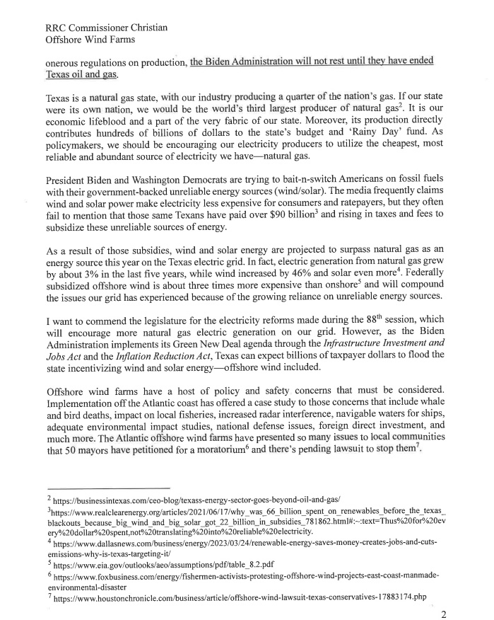 bradj_TX's tweet image. Inbox: @ChristianForTX letter to @GovAbbott, @DrBuckinghamTX asking both to use any authority available to block the offshore wind farm that is under development off the coast of Galveston. #txlege