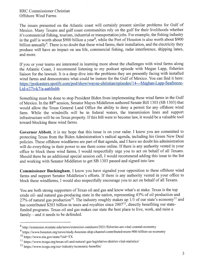 bradj_TX's tweet image. Inbox: @ChristianForTX letter to @GovAbbott, @DrBuckinghamTX asking both to use any authority available to block the offshore wind farm that is under development off the coast of Galveston. #txlege
