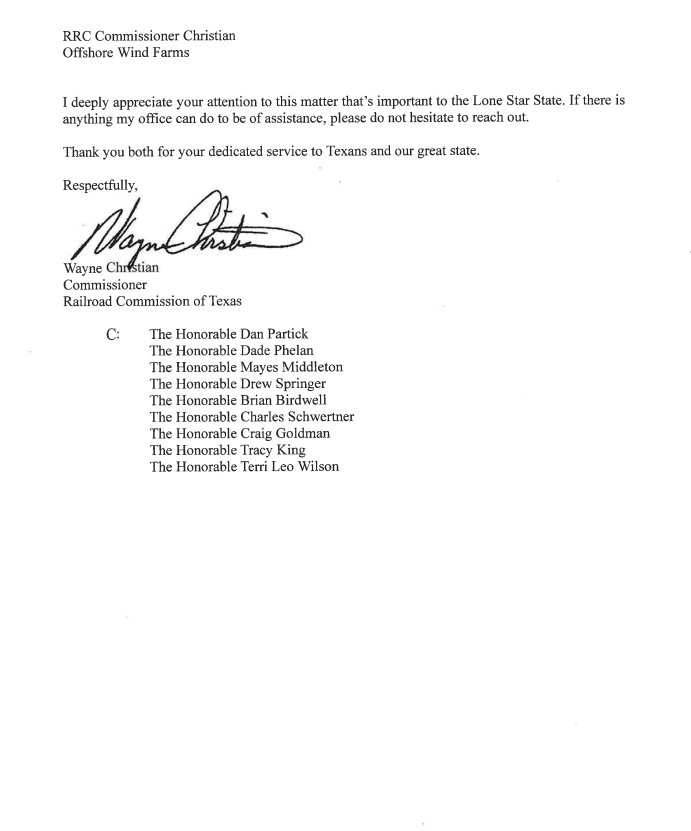 bradj_TX's tweet image. Inbox: @ChristianForTX letter to @GovAbbott, @DrBuckinghamTX asking both to use any authority available to block the offshore wind farm that is under development off the coast of Galveston. #txlege