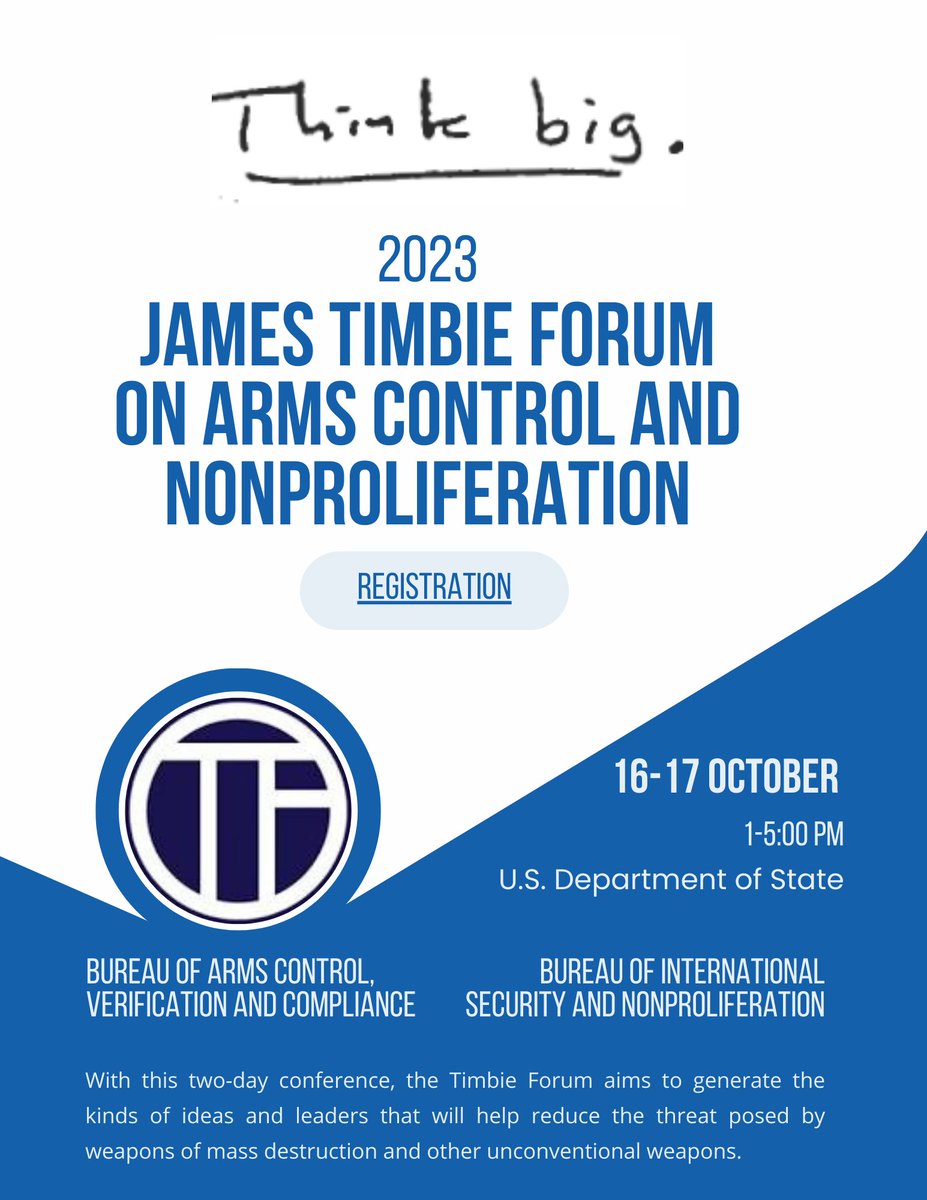 State ADS Bureau (@stateads) on Twitter photo Are you a student or young professional interested in Nonproliferation and Arms Control?
Register for the #TimbieForum2023, a two-day conference co-hosted by @StateAVC and <a href="/StateISN/">State ISN Bureau</a> dedicated to fostering new voices and new ideas on nuclear policy.
➡️tinyurl.com/2023TimbieForum Are you a student or young professional interested in Nonproliferation and Arms Control?
Register for the #TimbieForum2023, a two-day conference co-hosted by @StateAVC and <a href="/StateISN/">State ISN Bureau</a> dedicated to fostering new voices and new ideas on nuclear policy.
➡️tinyurl.com/2023TimbieForum