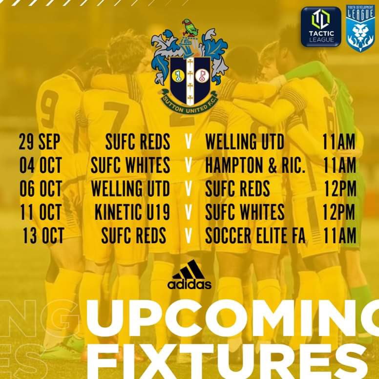 SuttonUtdCA's tweet photo. 🗓️ 𝙐𝙋𝘾𝙊𝙈𝙄𝙉𝙂 𝙁𝙄𝙓𝙏𝙐𝙍𝙀𝙎

As we approach October half term, both Reds &amp; Whites have tough fixtures fast approaching against very good sides. If you can make sure you back the boys… 🫡 🟡🟤

@wellingunited 
@HAMRICHFC 
@soccerelitefa 
@kineticfoundation

#SuttonUnited https://t.co/hBtbZrfZCK