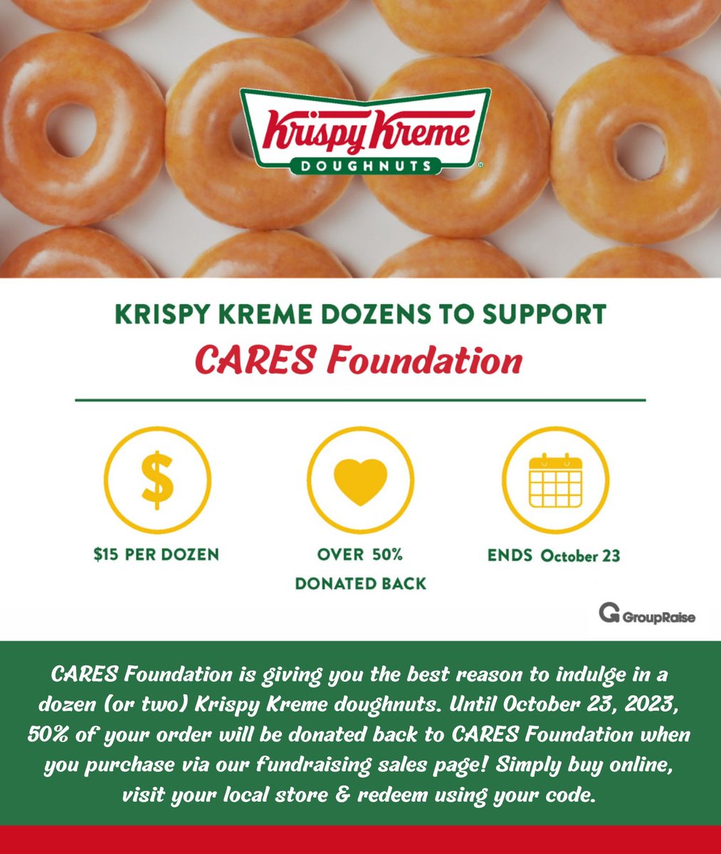 caresfoundation's tweet photo. CARES Foundation is giving you the best reason to indulge in Krispy Kreme doughnuts! Until October 23, 2023, 50% of your order will be donated back to CARES Foundation. Simply buy online at the link below, visit your local store &amp; redeem using your code. https://t.co/tZnniAbUYv https://t.co/5opldY807E