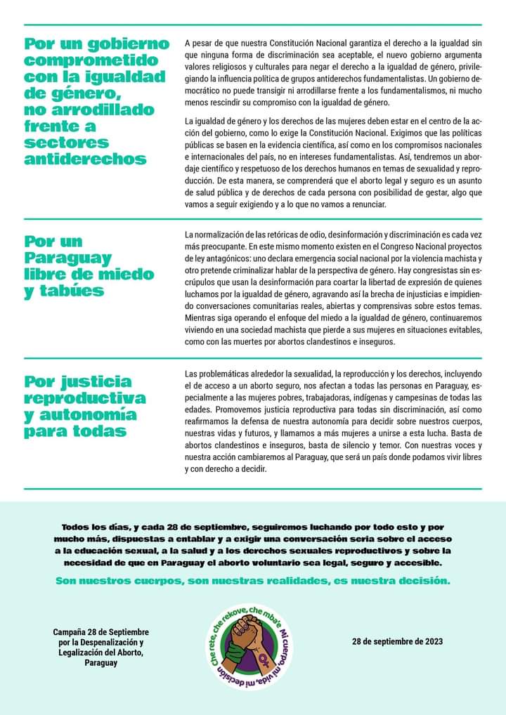 cdeparaguay's tweet photo. Son nuestros cuerpos, son nuestras realidades, es nuestra decisión

Campaña 28 de Septiembre por la Despenalización y Legalización del Aborto, Paraguay
28 de septiembre de 2023

#28S
#C28PY
#AbortoLegalYa https://t.co/JMmvyy3d8y