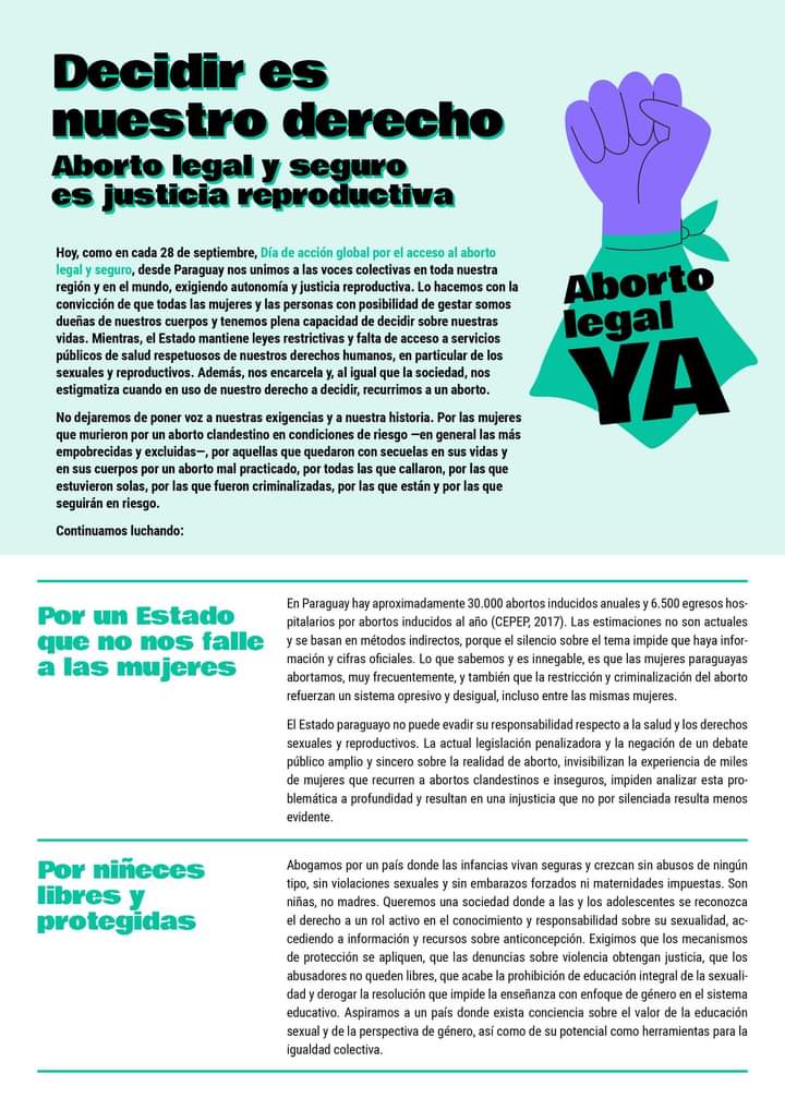 cdeparaguay's tweet photo. Son nuestros cuerpos, son nuestras realidades, es nuestra decisión

Campaña 28 de Septiembre por la Despenalización y Legalización del Aborto, Paraguay
28 de septiembre de 2023

#28S
#C28PY
#AbortoLegalYa https://t.co/JMmvyy3d8y