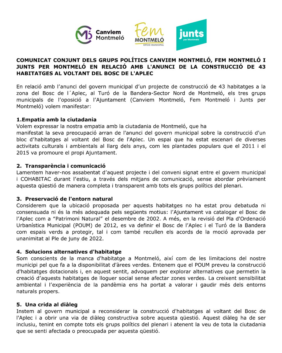 femmontmelo's tweet photo. Comunicat conjunt dels grups polítics @canviemmontmelo, @femmontmelo i @juntsxmontmelo en relació amb l'anunci de la construcció de 43 habitatges al voltant del bosc de l'Aplec #Montmeló https://t.co/sgeCptwjd2