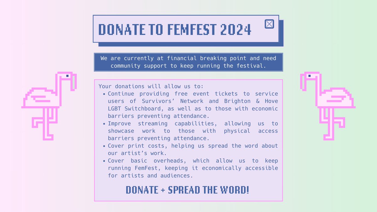 femfestbrighton's tweet photo. 💜we are still #fundraising for essential costs 2 ensure we can still run #FemFest next year.
💜u can donate here: https://t.co/eRUbsups9D
💜any donation, big or small, will make a huge difference. if you're not currently able to donate then please consider sharing this post. https://t.co/PdA8xr2ckt