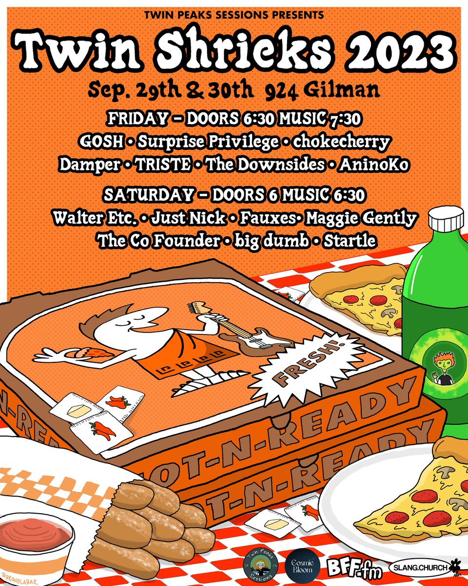 TwinPeaksSesh's tweet image. Twin Shrieks 2023. 5th year of our little DIY fest, from the rooftop to a warehouse and now to @924Gilman the rock simply will not stop. Hope to see you out there Friday &amp;amp; Saturday. gilman.ticketleap.com/shrieks/