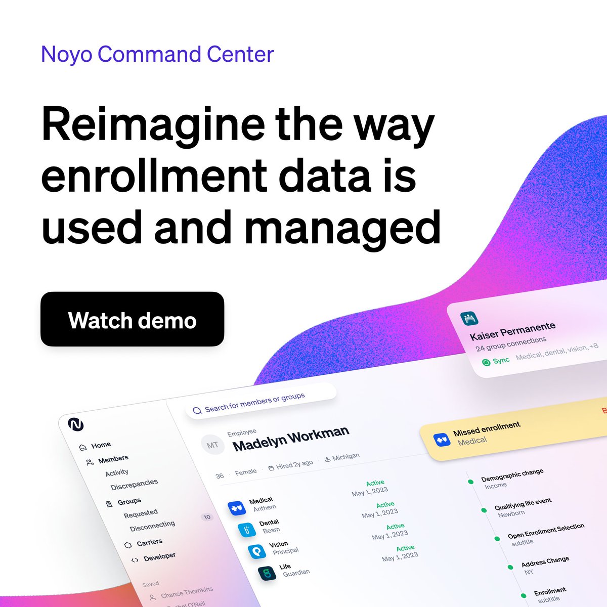 NoyoHQ's tweet photo. Monitoring real-time member enrollment data never looked so good. Demo the Command Center on-demand to see how a single source of truth can streamline daily operations and save ben-admin teams hours of work 👉  https://t.co/UkmDMWw2O1 https://t.co/iXHhB55lKq
