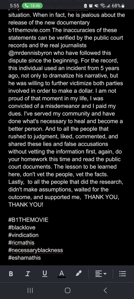 In opposition of a false narrative posted by the Defendant and his attorney, I have decided to make this statement listed below. <a href="/MrDennisByron/">Dennis Byron</a> has covered this hearing from start to finish. 

#B1THEMOVIE 
#blacklove
#vindication 
#ricmathis 
#necessaryblackness 
#eshamathis