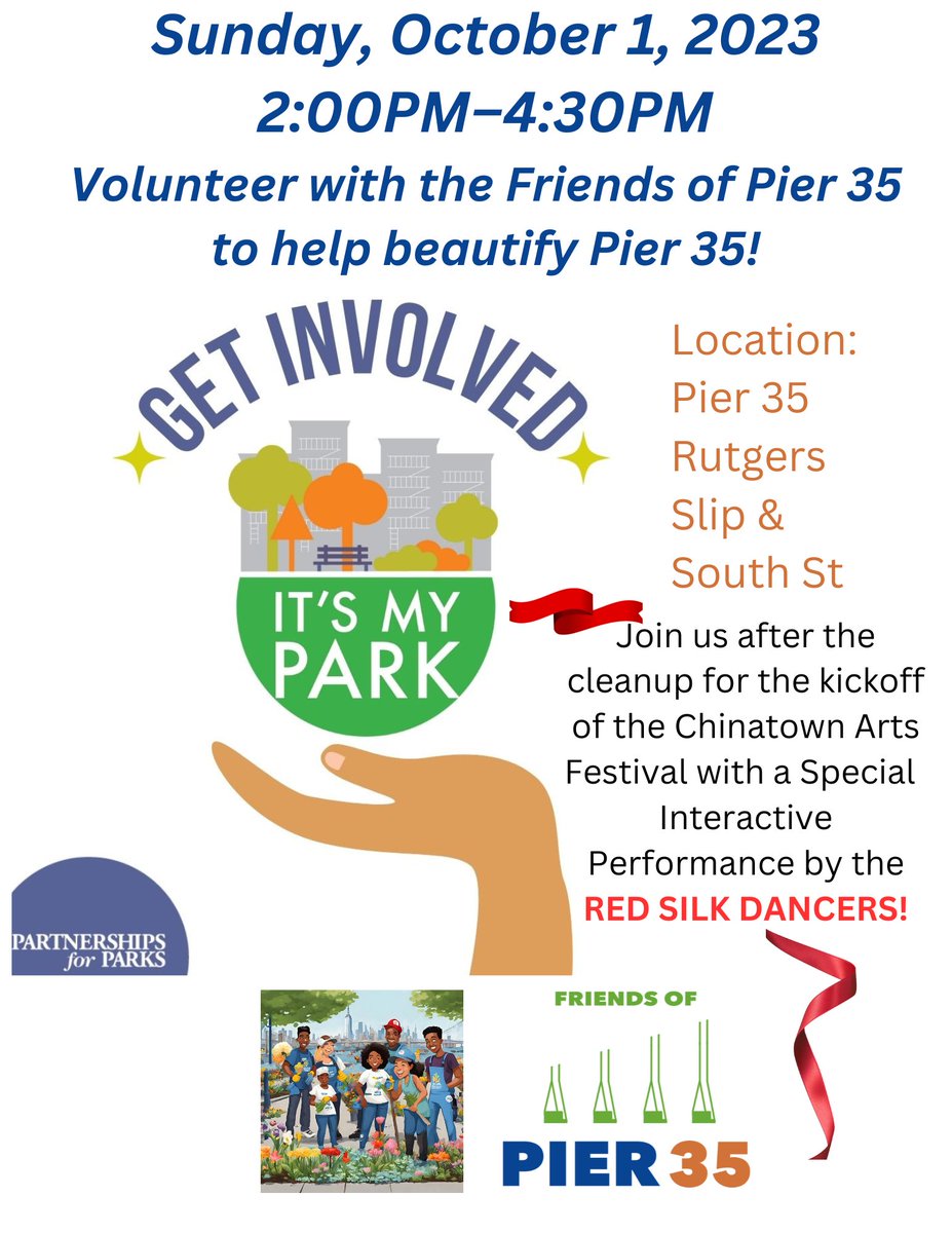 Hey folks, it's time for our Fall volunteer event! Join us this Sunday at 2pm and help us beautify Pier 35! Then join us for a special interactive performance by the RED SILK DANCERS!